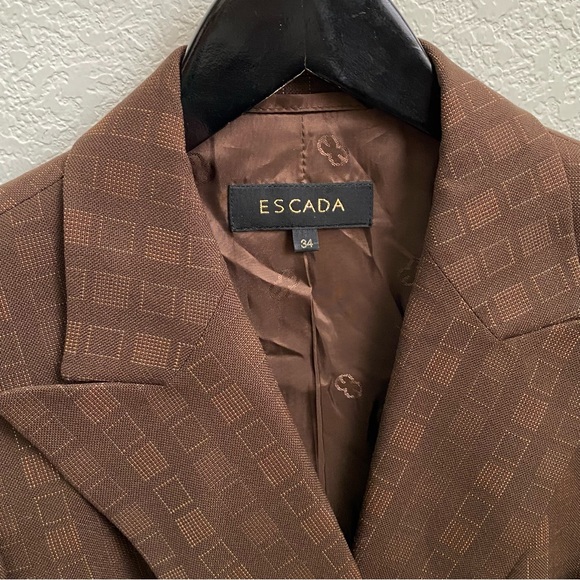 Rare Vintage ESCADA Wool Blend Double Breasted Square Print Brown Blazer Size 34 - Picture 9 of 16